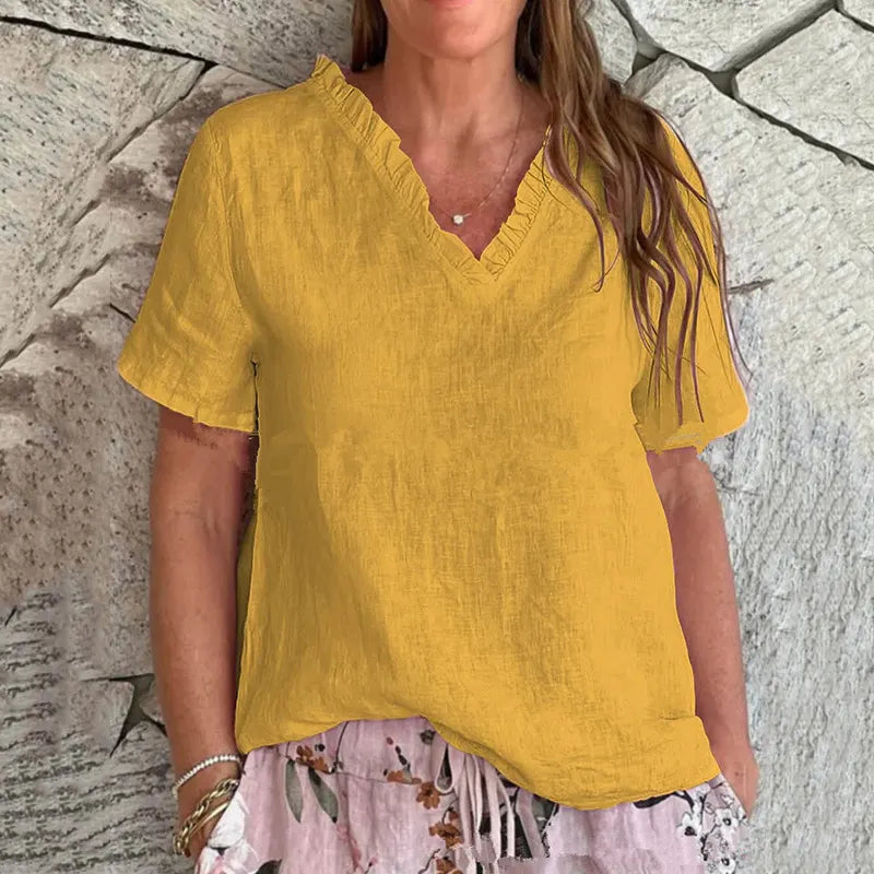Women's Vintage Lace Cotton And Linen V-neck T-shirt