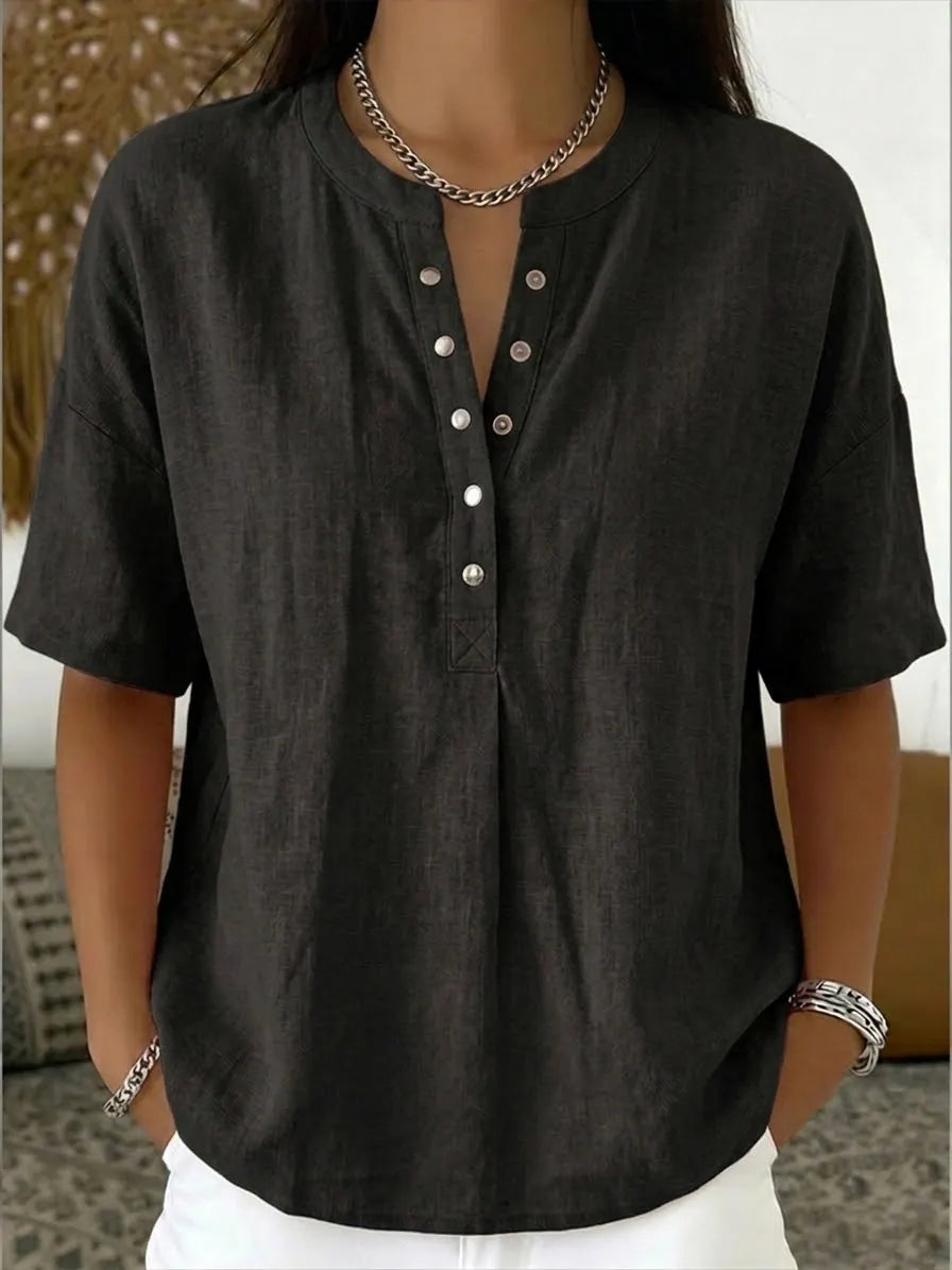 Casual Henley Collar Linen And Cotton Short-sleeve Shirt