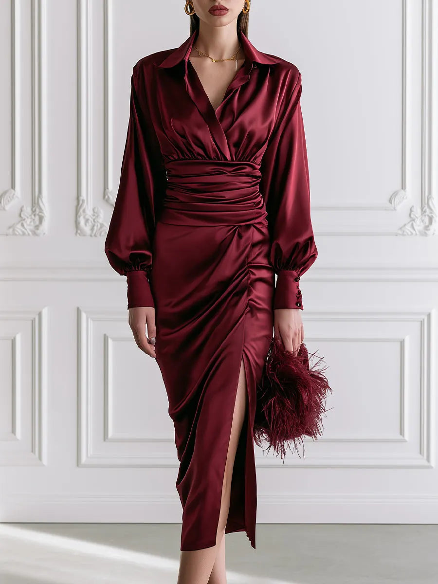 Wine Red Satin Wrap-Style Ruched Midi Dress with Long Puff Sleeves