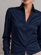 Navy Satin Point Collar Button Front Blouse