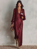 Women's Minimalist Loose Shimmering V-neck Maxi Party Dress
