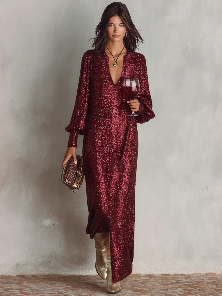 Women's Minimalist Loose Shimmering V-neck Maxi Party Dress