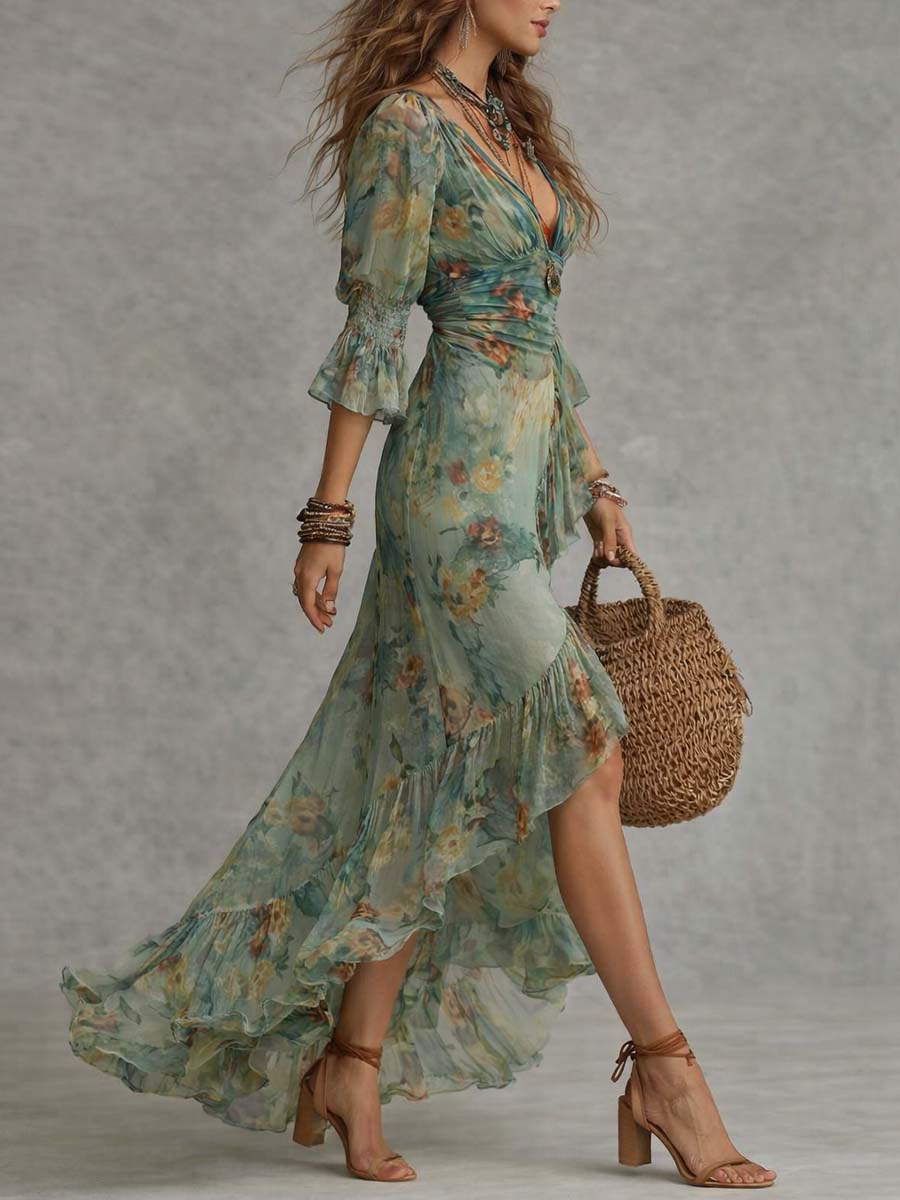 Grass Green Chiffon Irregular Ruffled Slit Maxi Dress