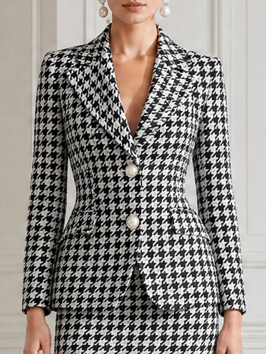 Black White Houndstooth Blazer & Pencil Skirt Business Suit