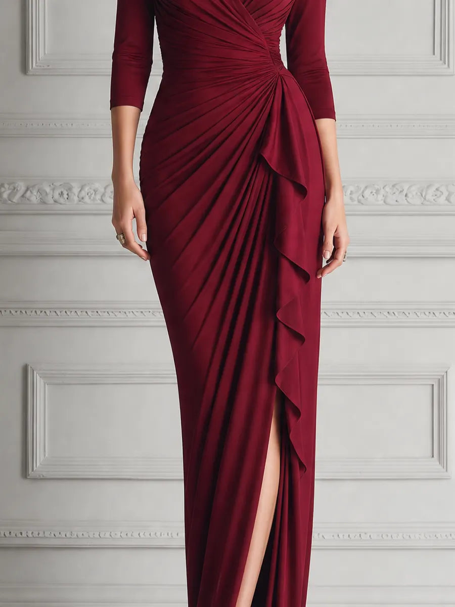 Burgundy Red Dress Fall Wedding Guest Dress Draped Slit Maxi Dress