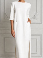 White Dress Stockholm Style Patch Pocket Slit Midi Dress