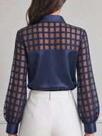 Grid Mesh Patchwork Satin Pearl Buttons Blouse