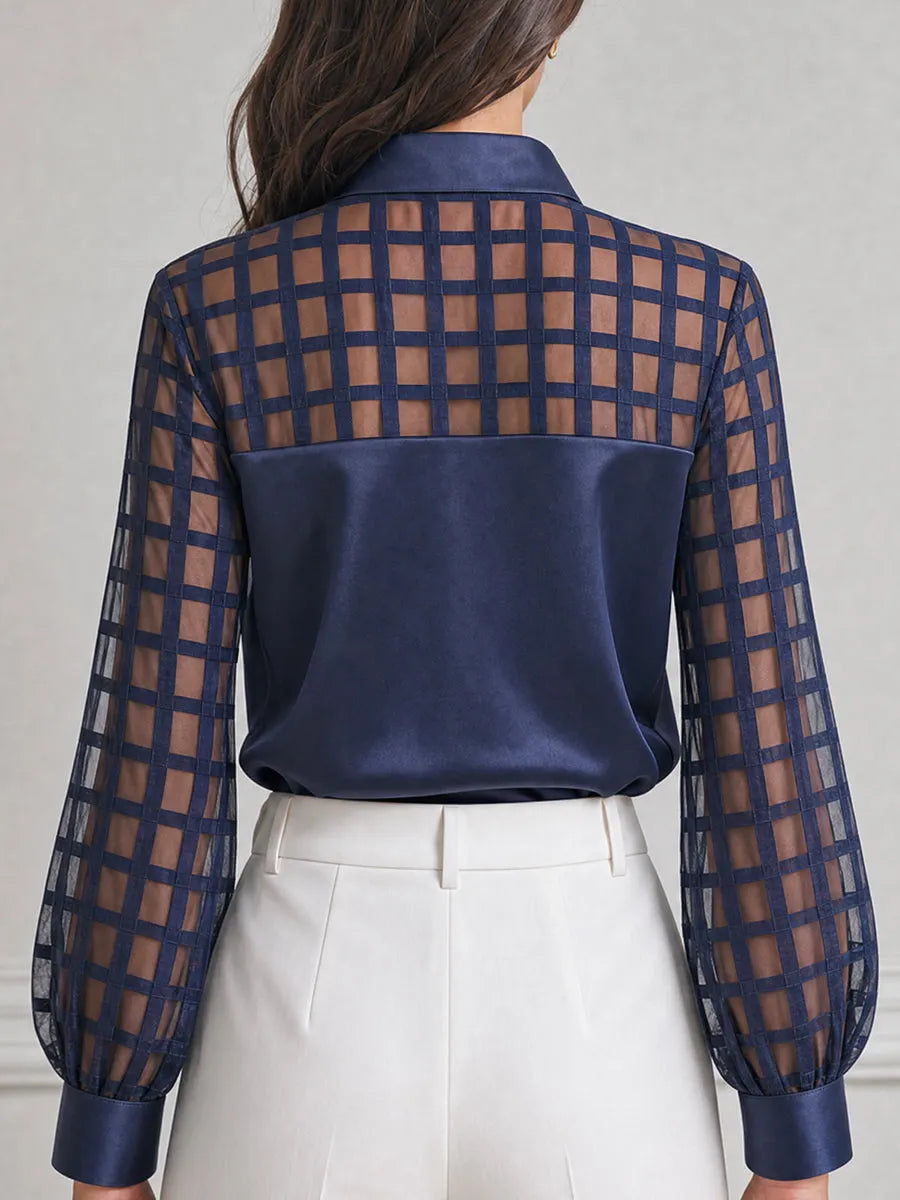 Grid Mesh Patchwork Satin Pearl Buttons Blouse