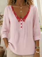 Women's Fashion Casual Printed V-neck Button-down Pleated Shirt