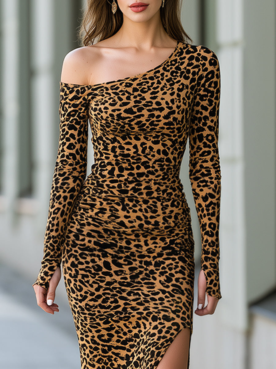 Asymmetric Leopard Print Maxi Dress