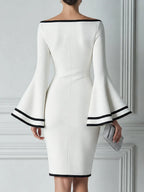 Boat-Neck Contrast-Trim Bell-Sleeve Bodycon Midi Dress