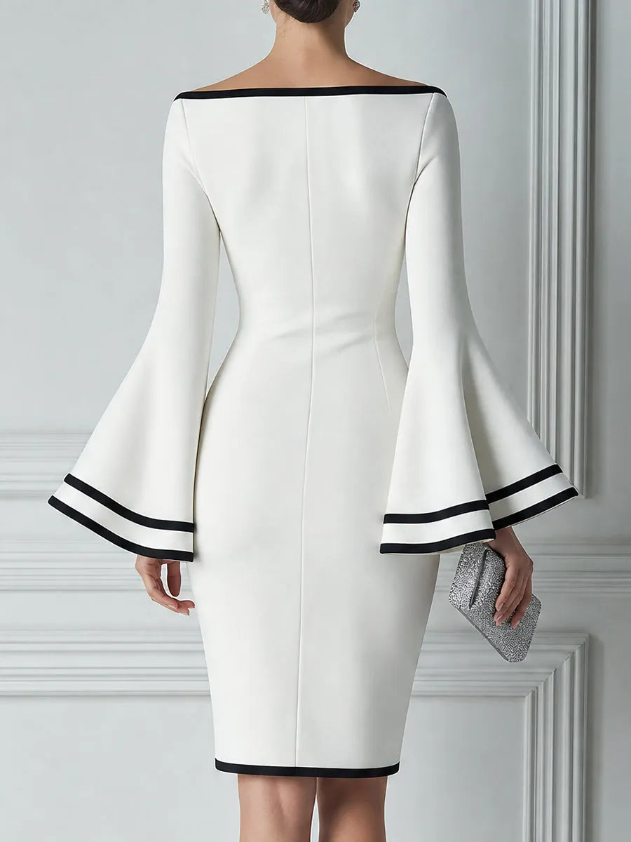 Boat-Neck Contrast-Trim Bell-Sleeve Bodycon Midi Dress