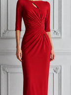 Red Dress Fall Wedding Guest Dress Ruched Keyhole Pencil Midi Dress