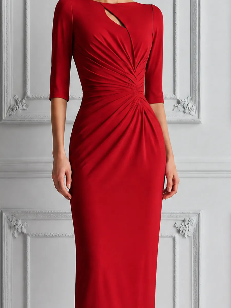 Red Dress Fall Wedding Guest Dress Ruched Keyhole Pencil Midi Dress