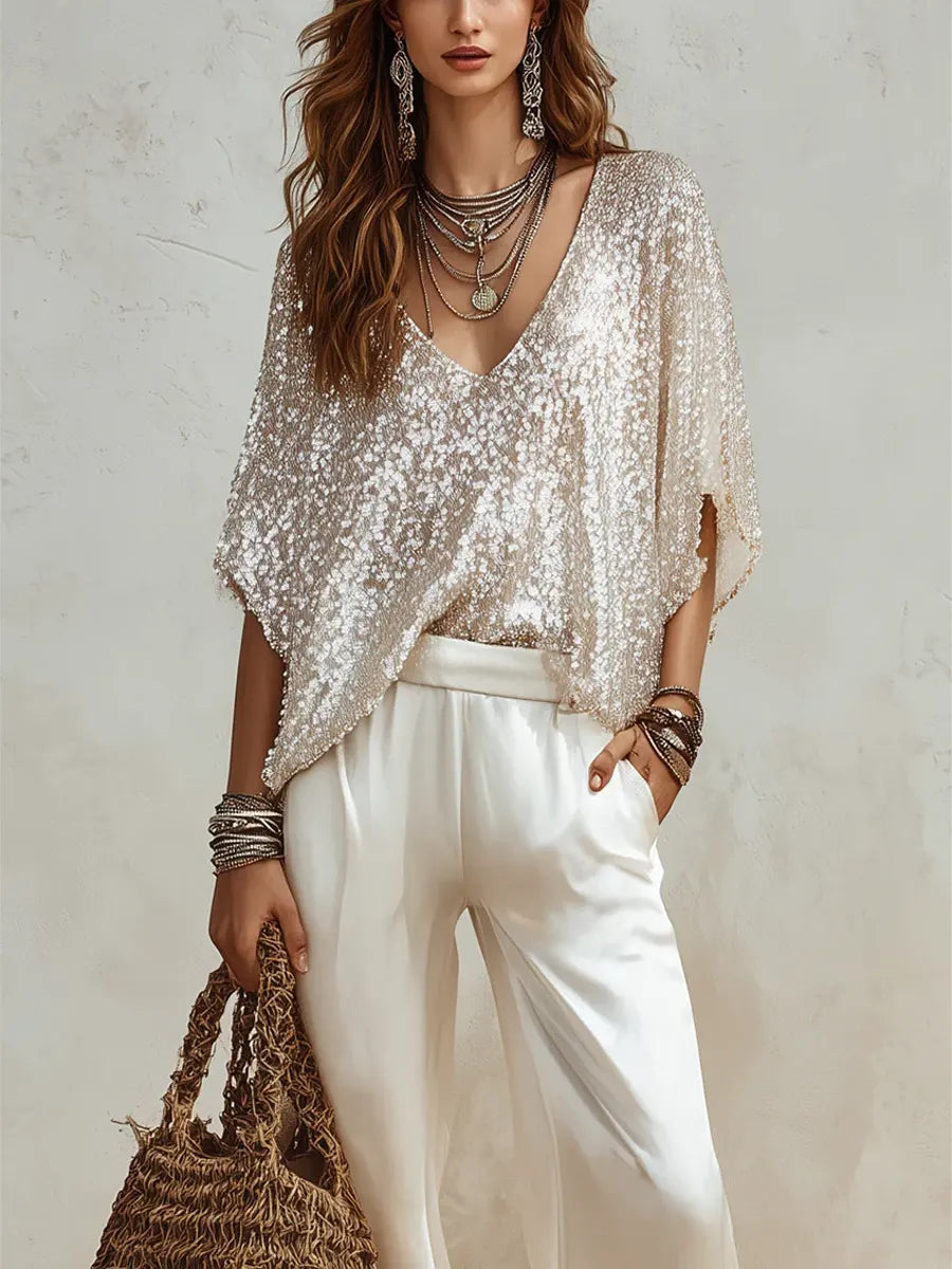 Women's Casual Batwing Sleeve Sequined Art Stylish Shirt