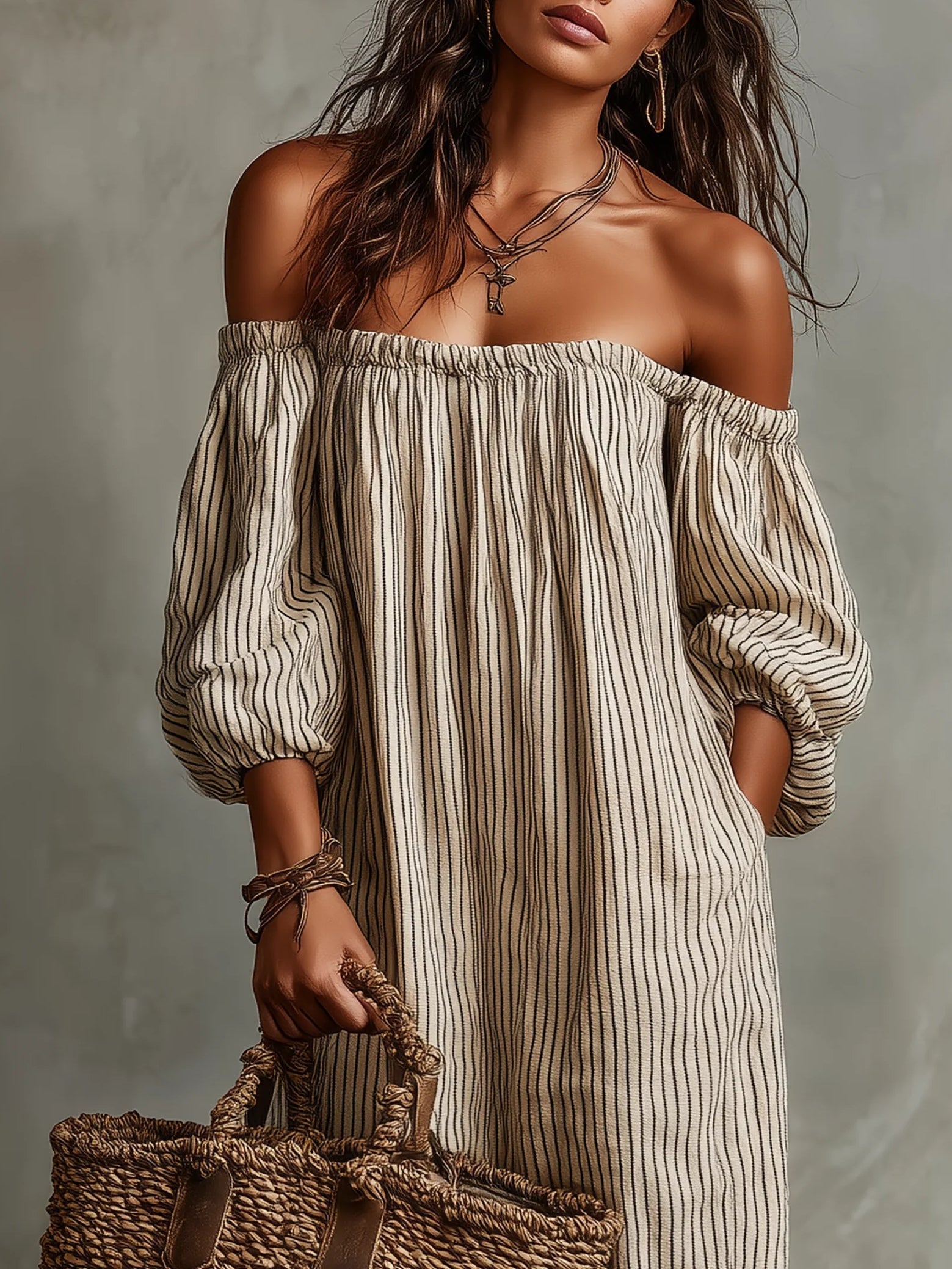Vacation Beige Striped Off-Shoulder Long-Sleeved Maxi Dress