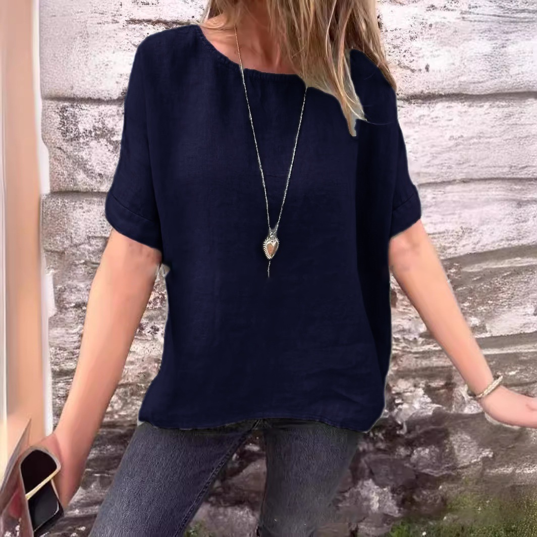 Solid Color Round Neck Half-sleeved Cotton Linen Blouse