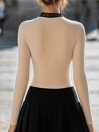 Lace-Trimmed Bow-Tie Ribbed Structured Top