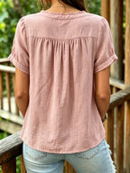 Women's Casual Short-sleeve Frayed Cotton Linen Cardigan Shirt