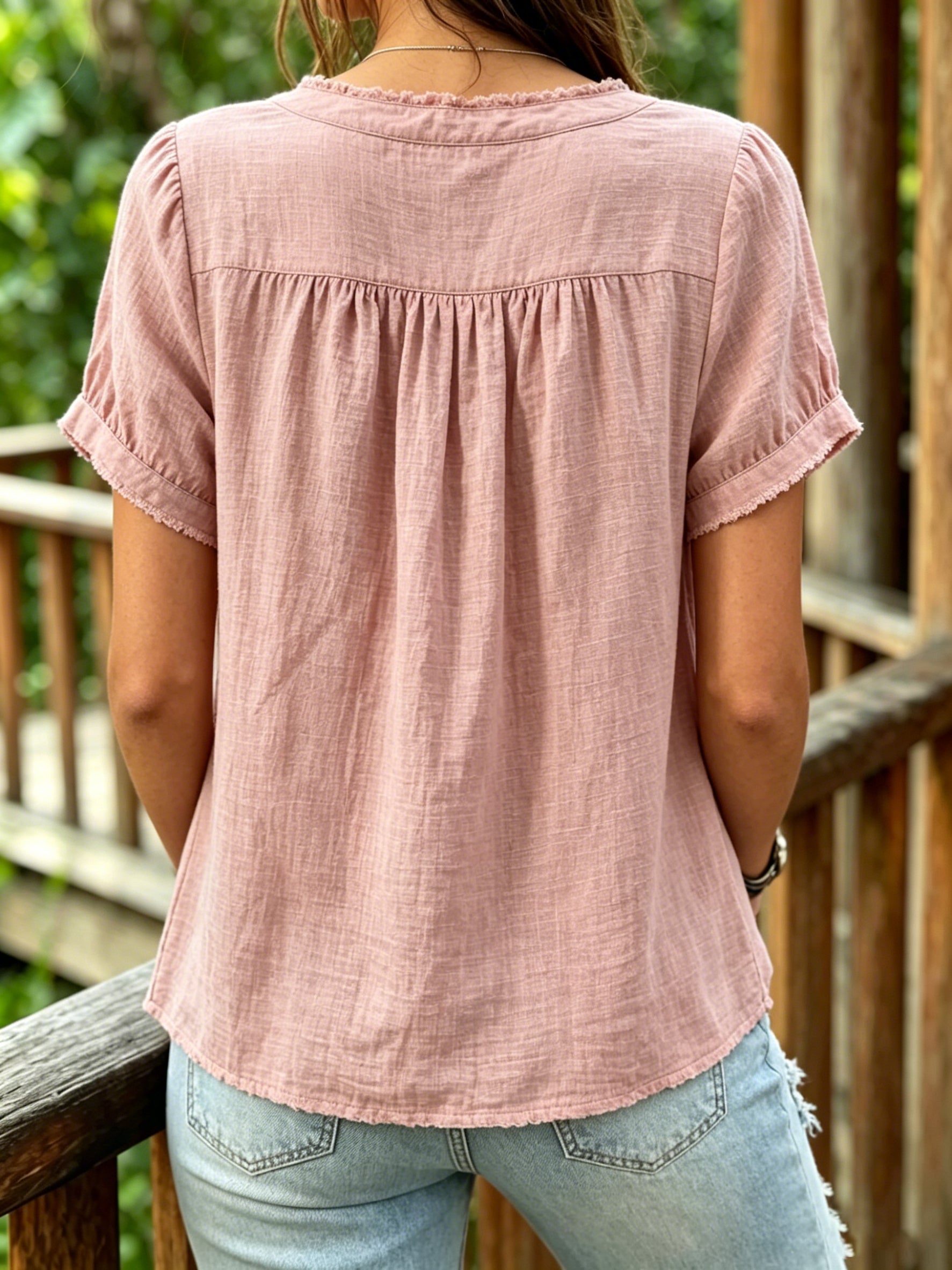Women's Casual Short-sleeve Frayed Cotton Linen Cardigan Shirt