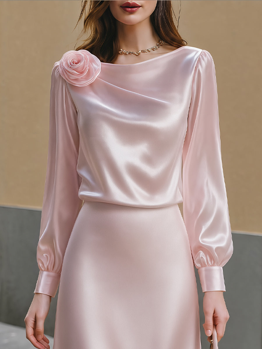 Rose-Accented Satin Draped Midi Dress