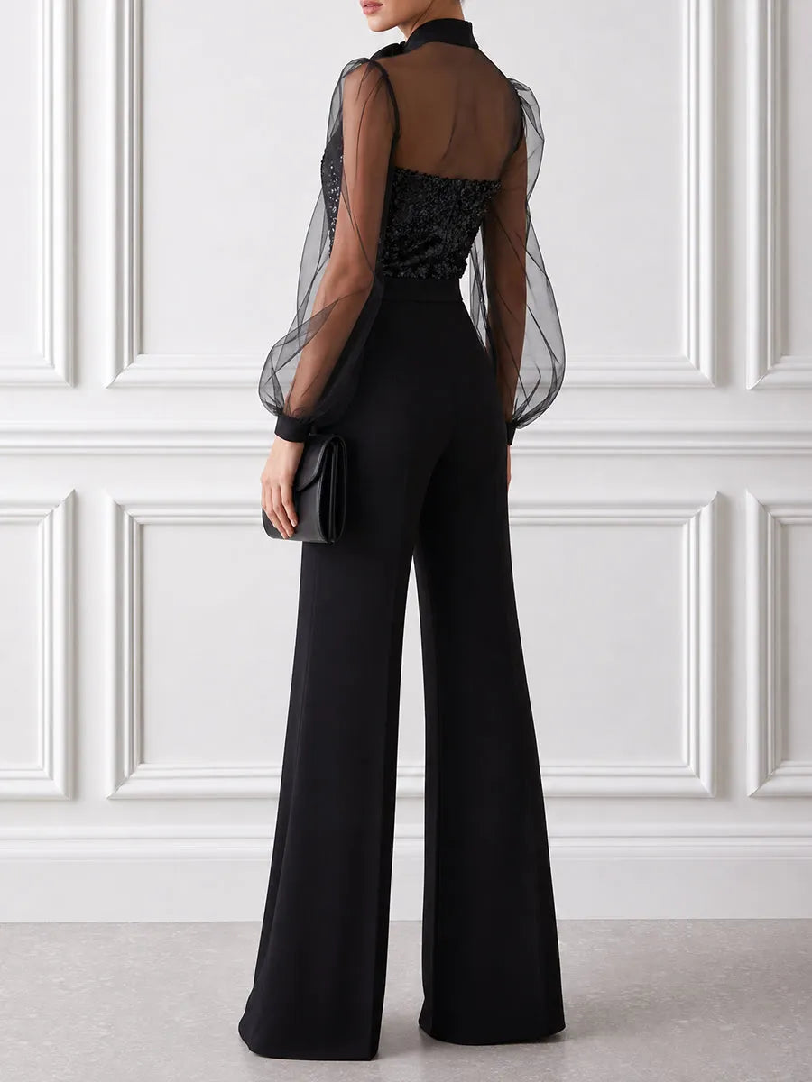 Sheer Mesh Long Sleeve Sequin Bodice Wide Leg Jumpsuit with Tie Neck