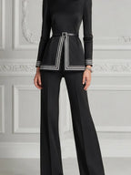 Black Contrast Stripe Belted Peplum Top & Flare Pants Set