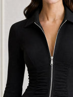 Collar Zip Front Ruched Fitted Long Sleeve Top