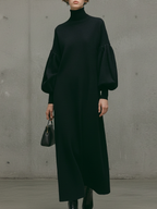 Women's Modern Black Turtleneck Puff-Sleeve Sweatshirt Maxi Dress