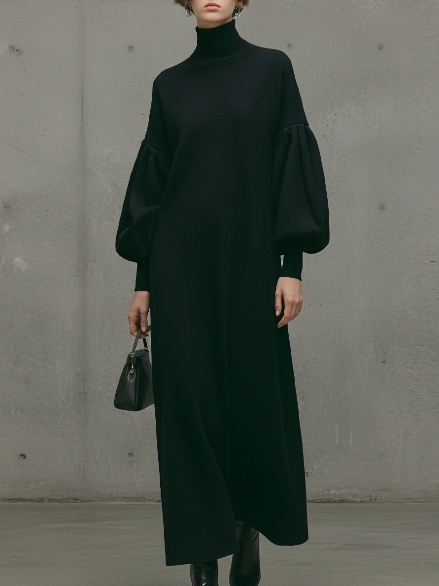 Women's Modern Black Turtleneck Puff-Sleeve Sweatshirt Maxi Dress