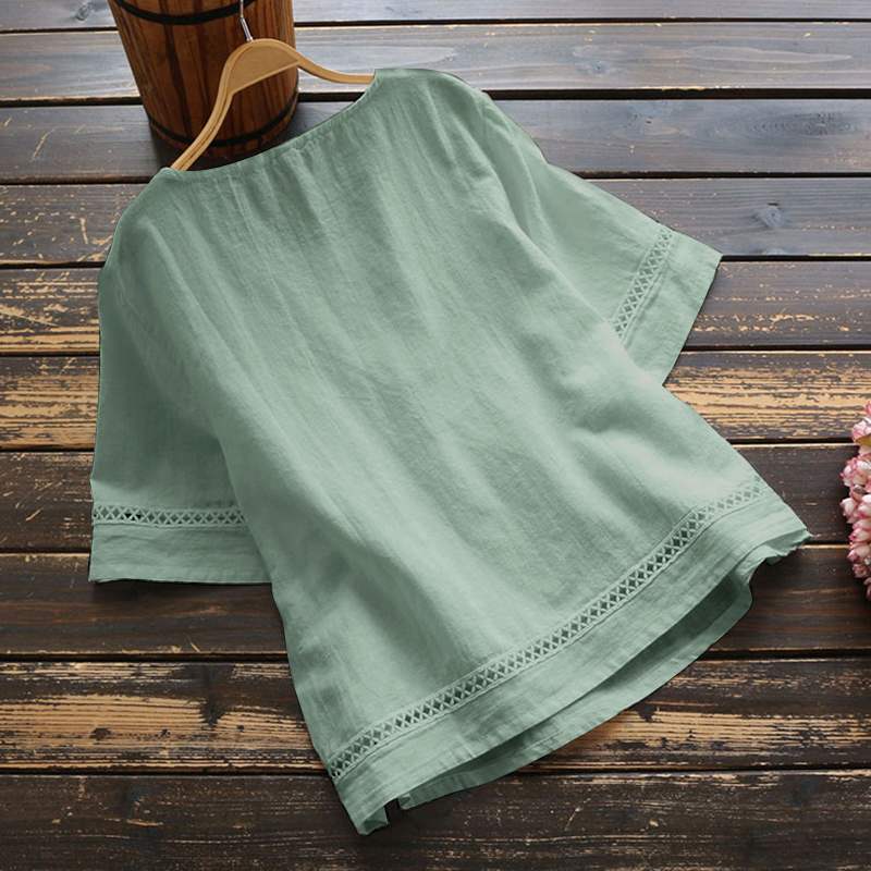 Solid Color Cotton And Linen Patchwork Hollow T-Shirt