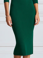 Ribbed Knit High Neck 3/4 Sleeve Midi Bodycon Dress