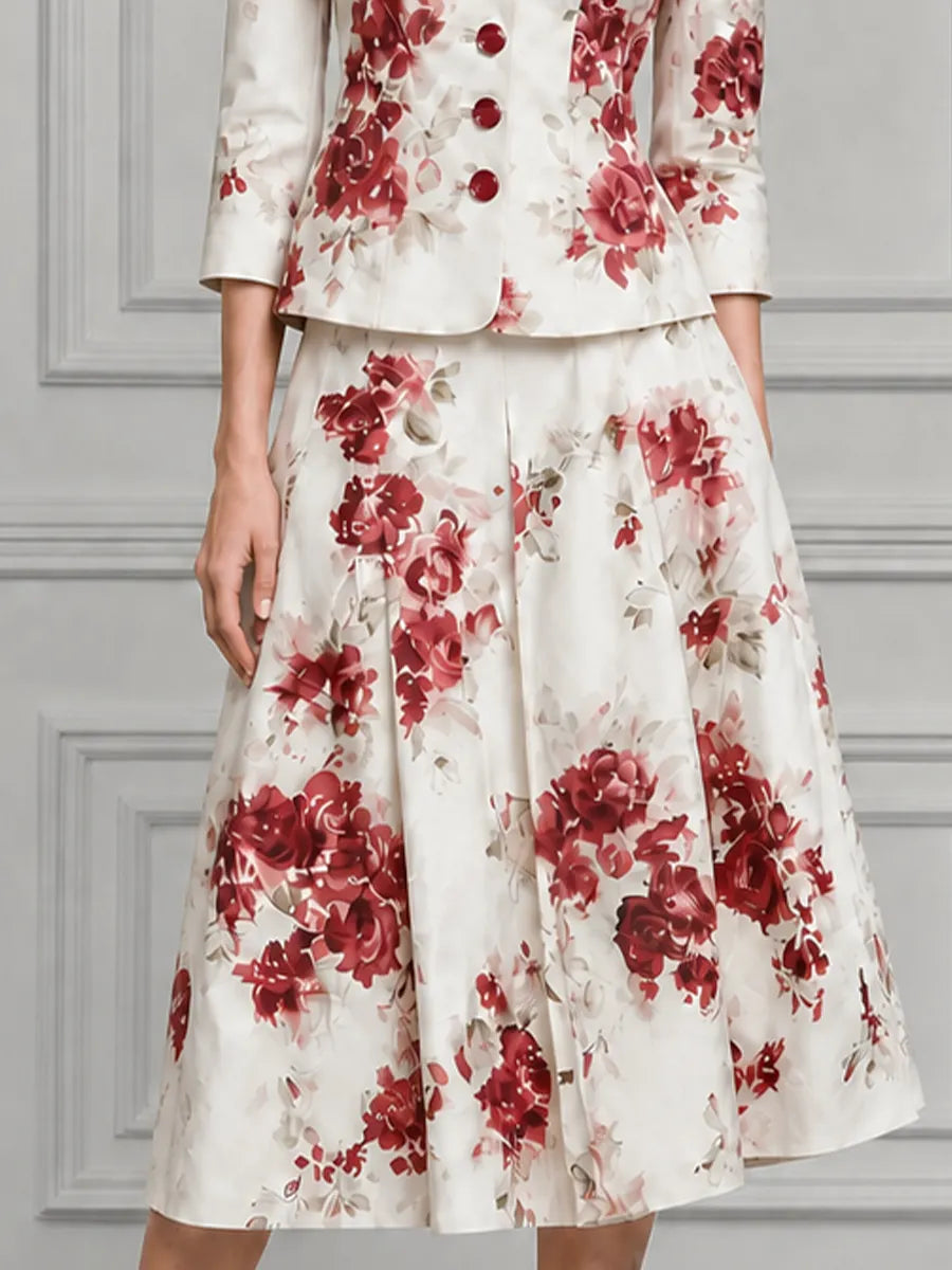 Ivory Watercolor Red Rose Print Tailored Blazer & Pleated A-Line Midi Skirt Two-Piece Suit Set