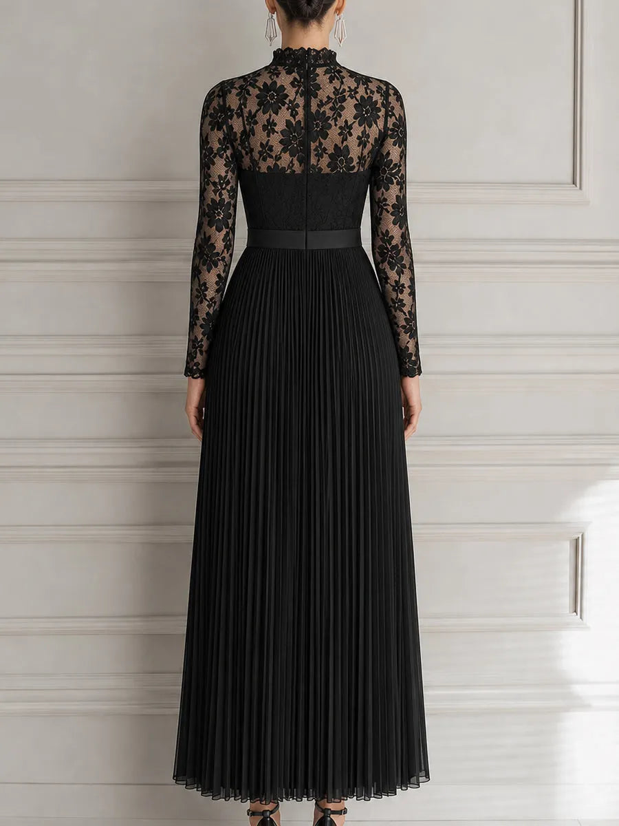 Elegant Floral Lace Pleated Chiffon Maxi Evening Dress