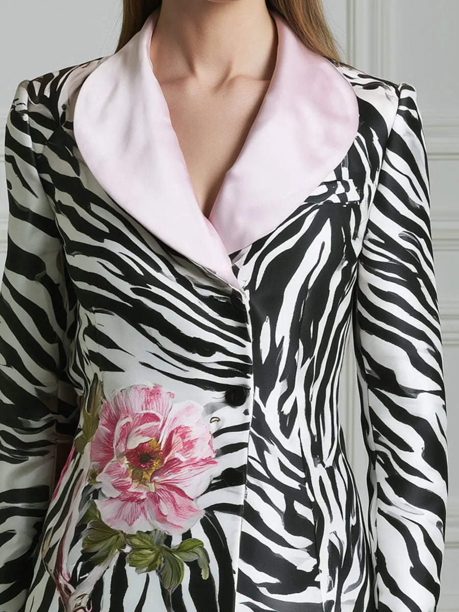 Floral Zebra Print Contrast-Lapel Tailored Blazer