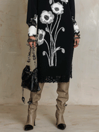 Quiet Luxury Soft Knit Oversized-Fit Black Floral Jacquard Tunic Dress
