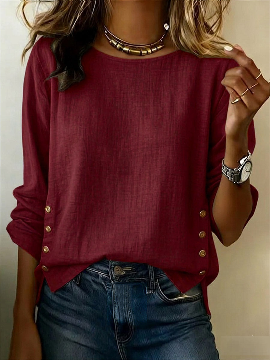 Women's Solid Color Round Neck Long-sleeved Casual Loose Cotton And Linen Top