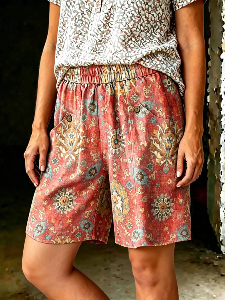 Women's Casual Loose Fit Retro-patterned Printed Cotton Shorts