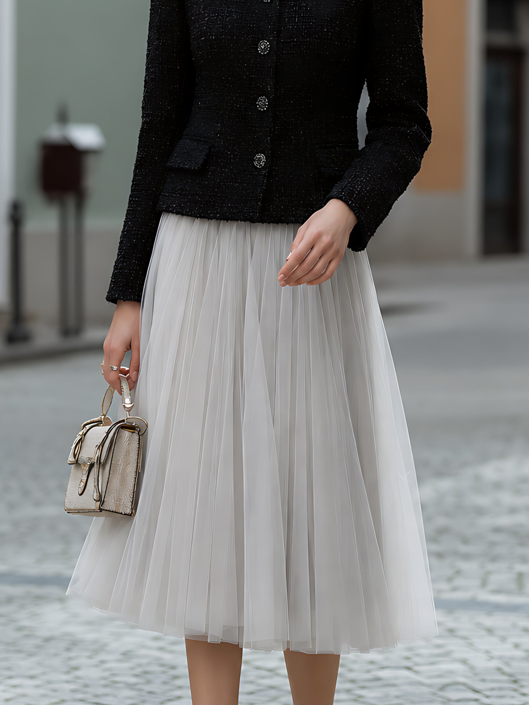 Tweed Jacket And Tulle Midi Skirt Set
