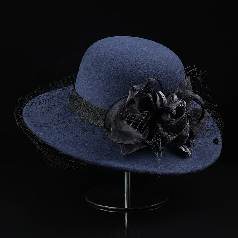 French Retro Mesh Floral Woolen Hatm