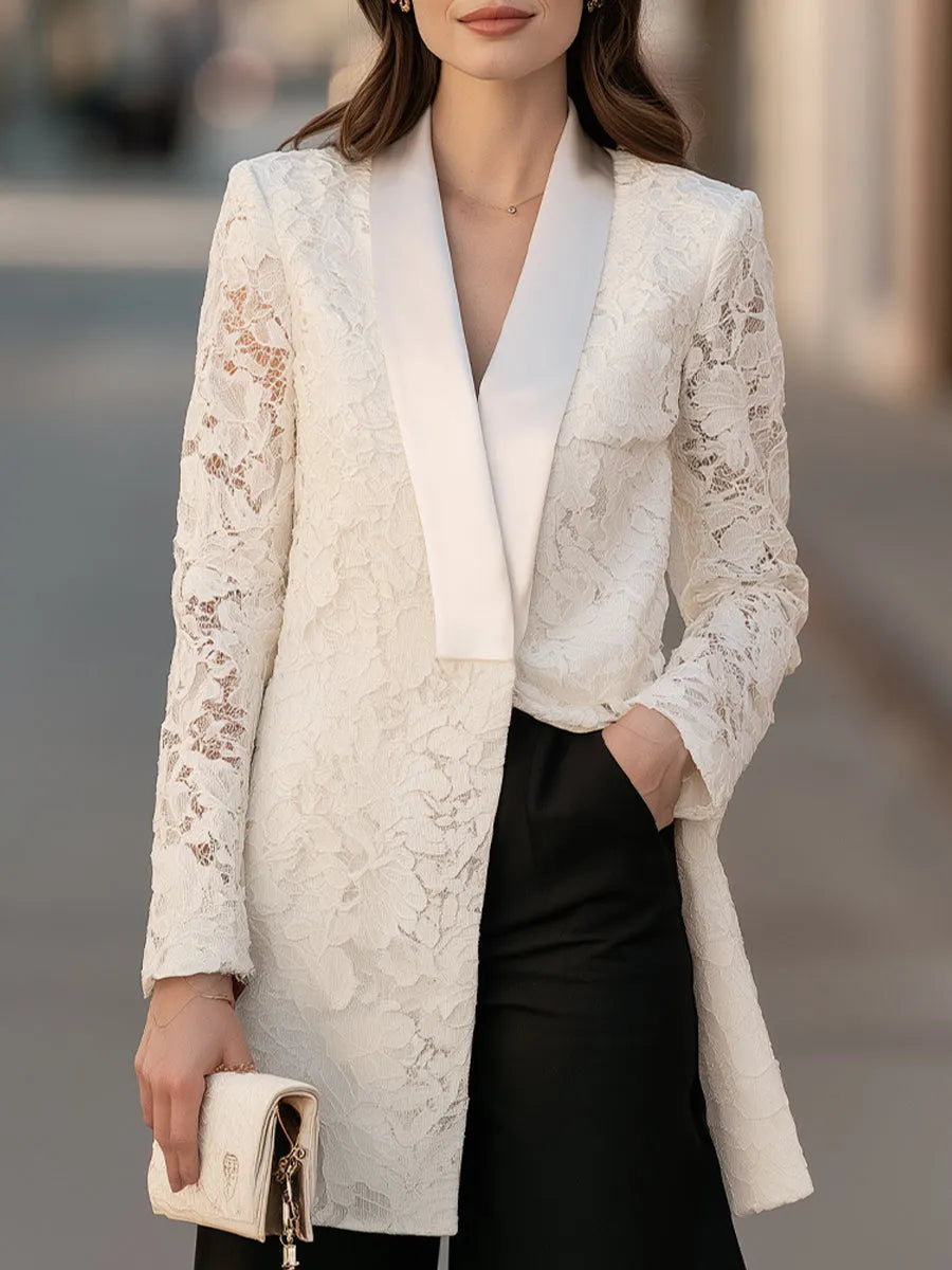 Satin Shawl Collar Floral Lace Blazer