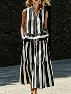 Women's Sleeveless Striped Maxi Dress & Zip-up Stand-collar Shirt Two-piece Set