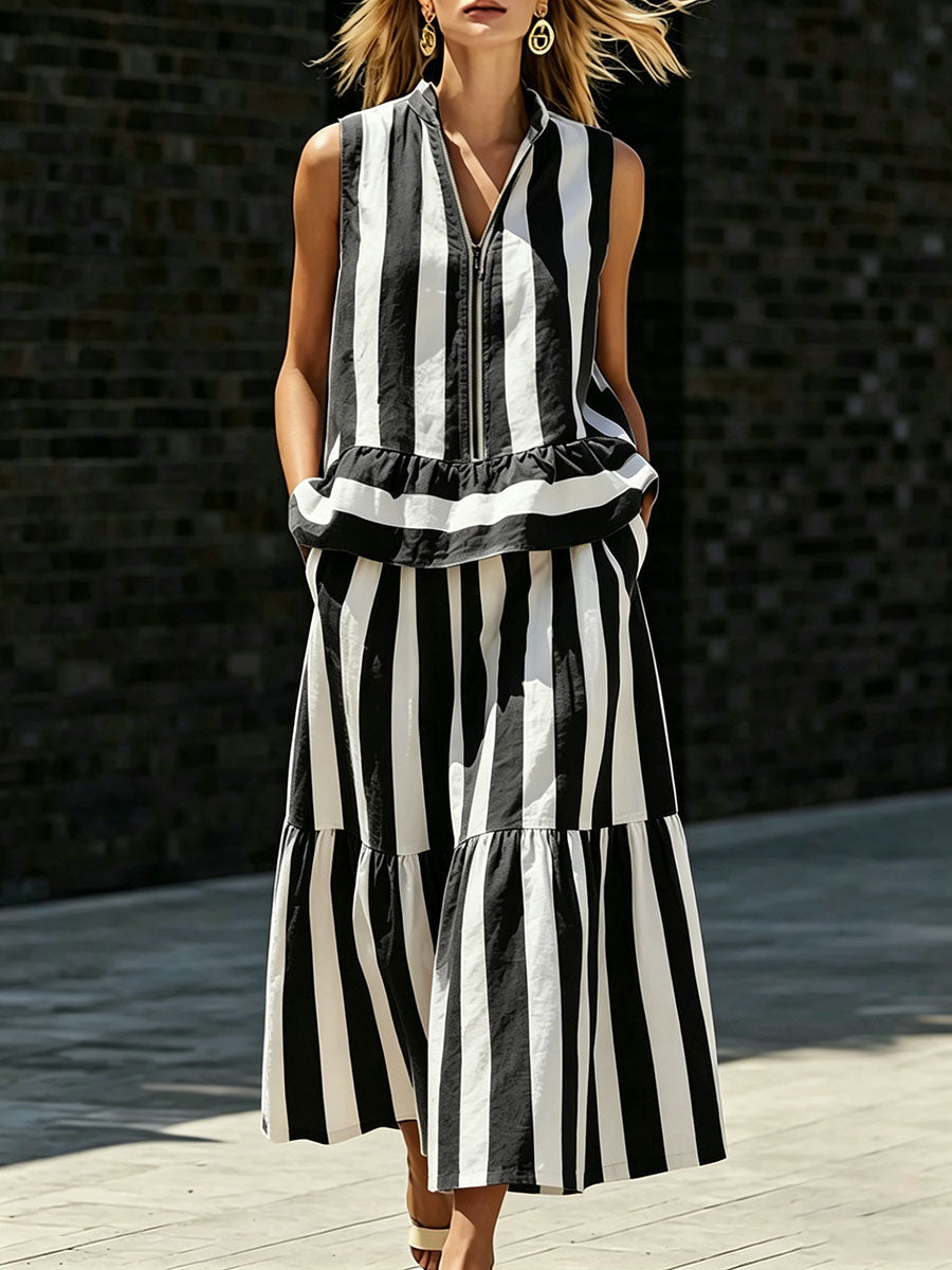 Women's Sleeveless Striped Maxi Dress & Zip-up Stand-collar Shirt Two-piece Set