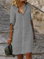 Loose Lapels Button Half Sleeve Solid Color Cotton and Linen Shirt Dress