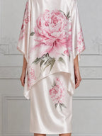 White Dress Pink Peony Satin Cape Overlay Pencil Midi Dress