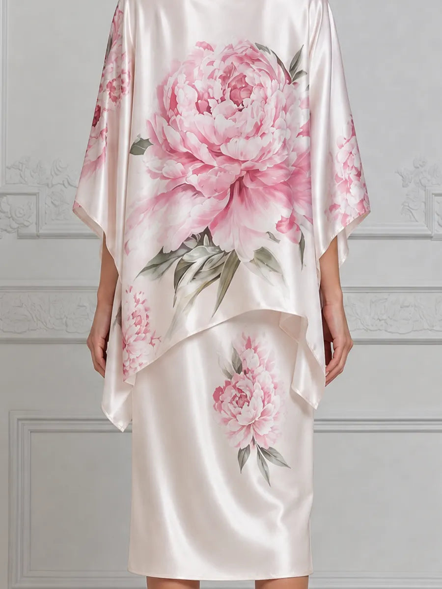White Dress Pink Peony Satin Cape Overlay Pencil Midi Dress