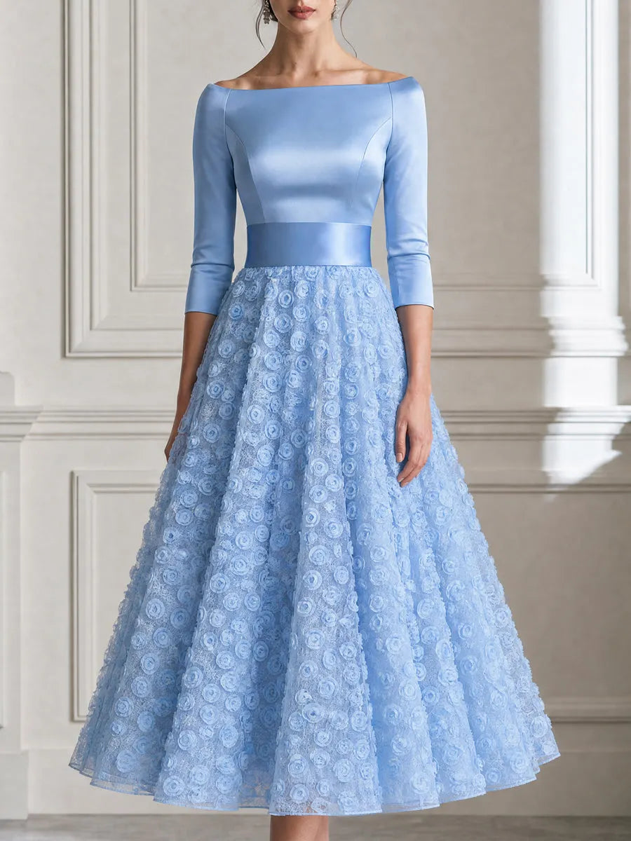 Off Shoulder Bodice 3D Floral Tulle A-Line Midi Dress