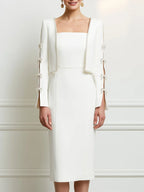 Elegant White Sleeveless Sheath Dress with Pearl-Embellished Bolero Jacket Set