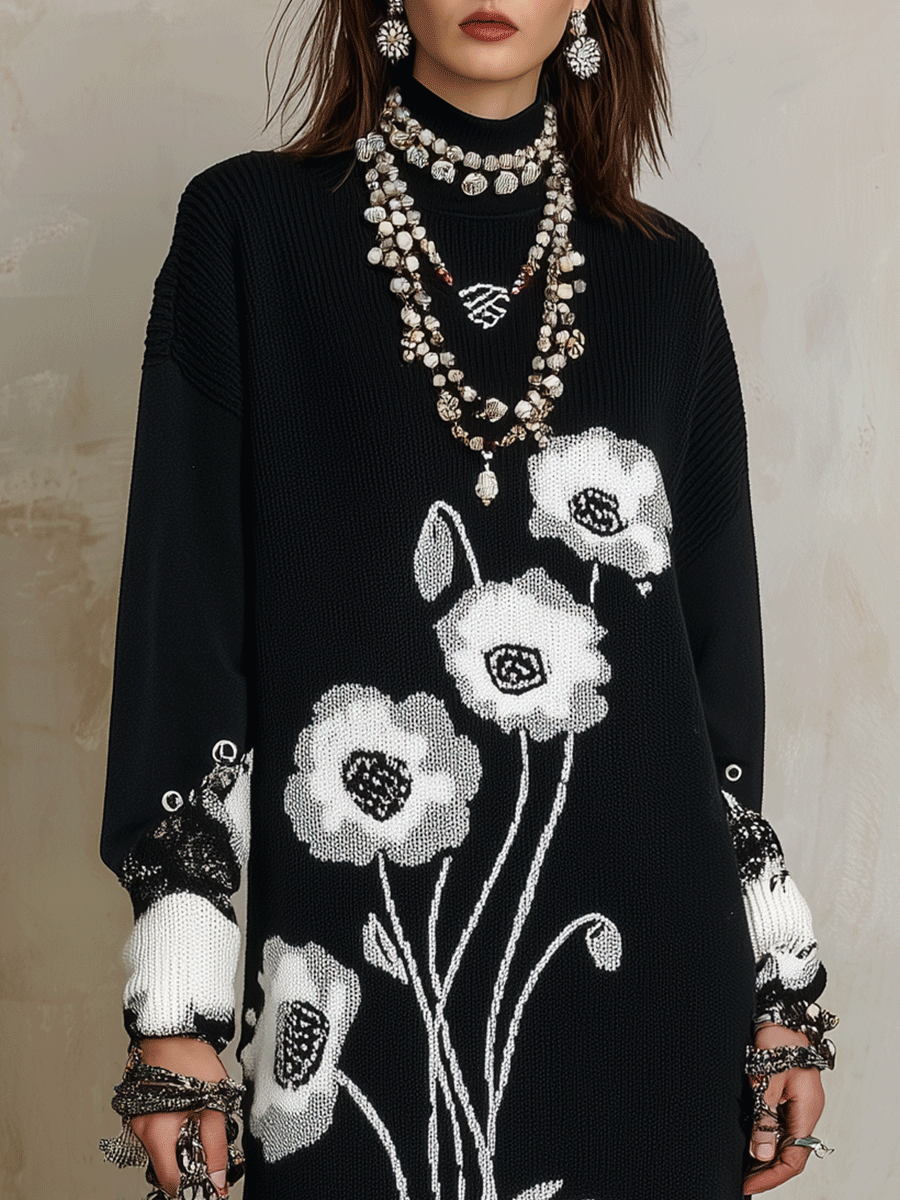 Quiet Luxury Soft Knit Oversized-Fit Black Floral Jacquard Tunic Dress