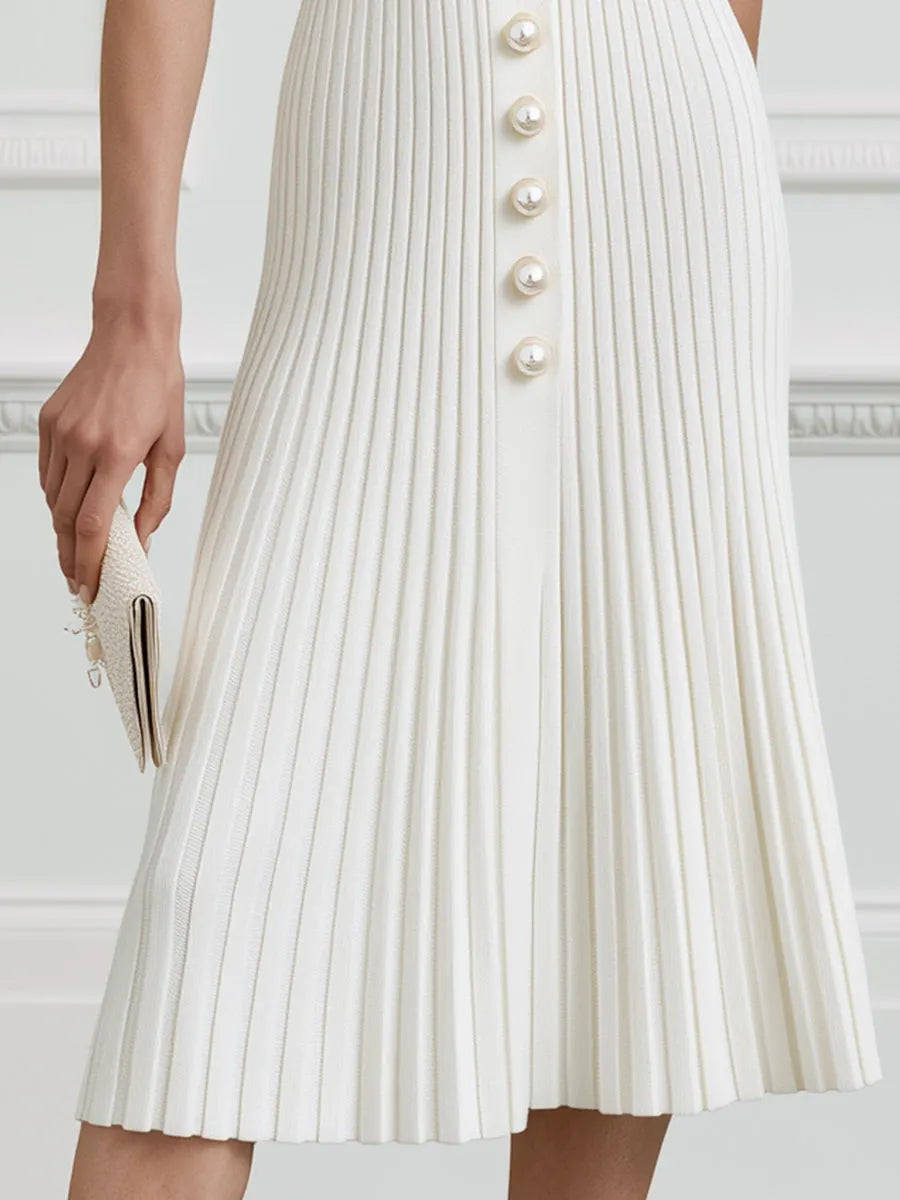Ribbed Knit Pearl-Button Polo Midi Dress